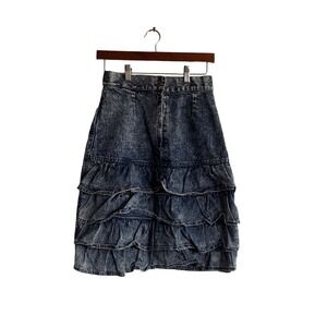 Vintage 80s Acid Wash Denim Tiered Ruffle Skirt High Waisted Made in USA